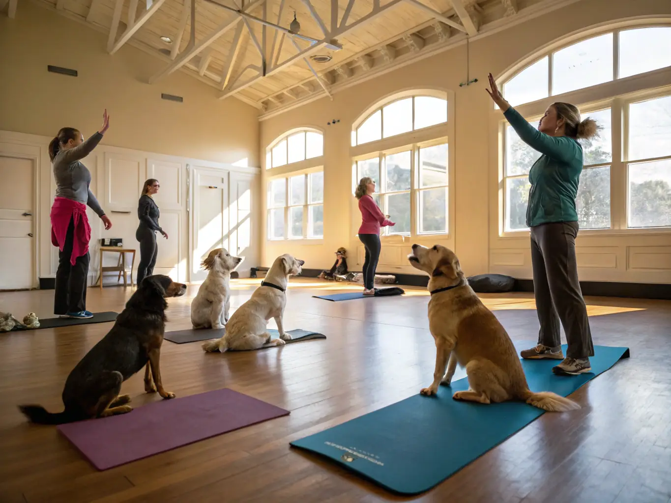 A group of dogs and their owners participating in a socialization class, interacting positively with each other in a controlled environment, with a trainer supervising the session.