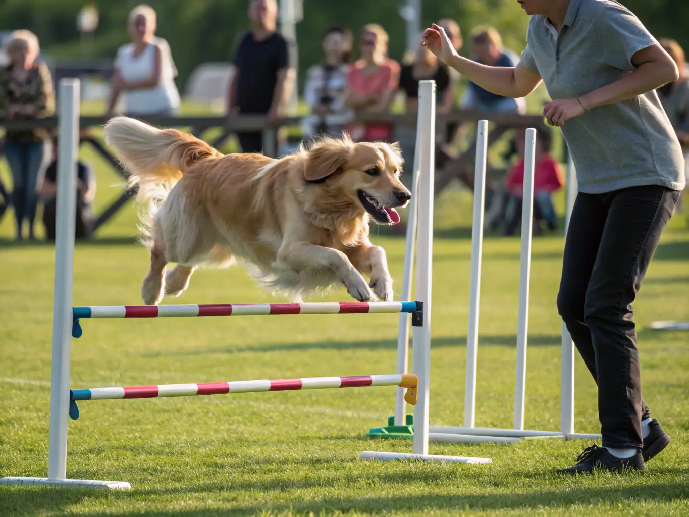 A golden retriever participating in an agility course, jumping over a hurdle with focus and enthusiasm, showcasing the excitement and skill involved in canine sports.