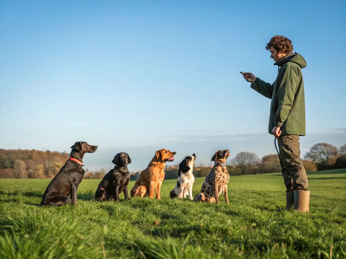A group of dogs and their owners participating in a canine obedience class, demonstrating attentive listening and controlled movements under the guidance of an instructor.
