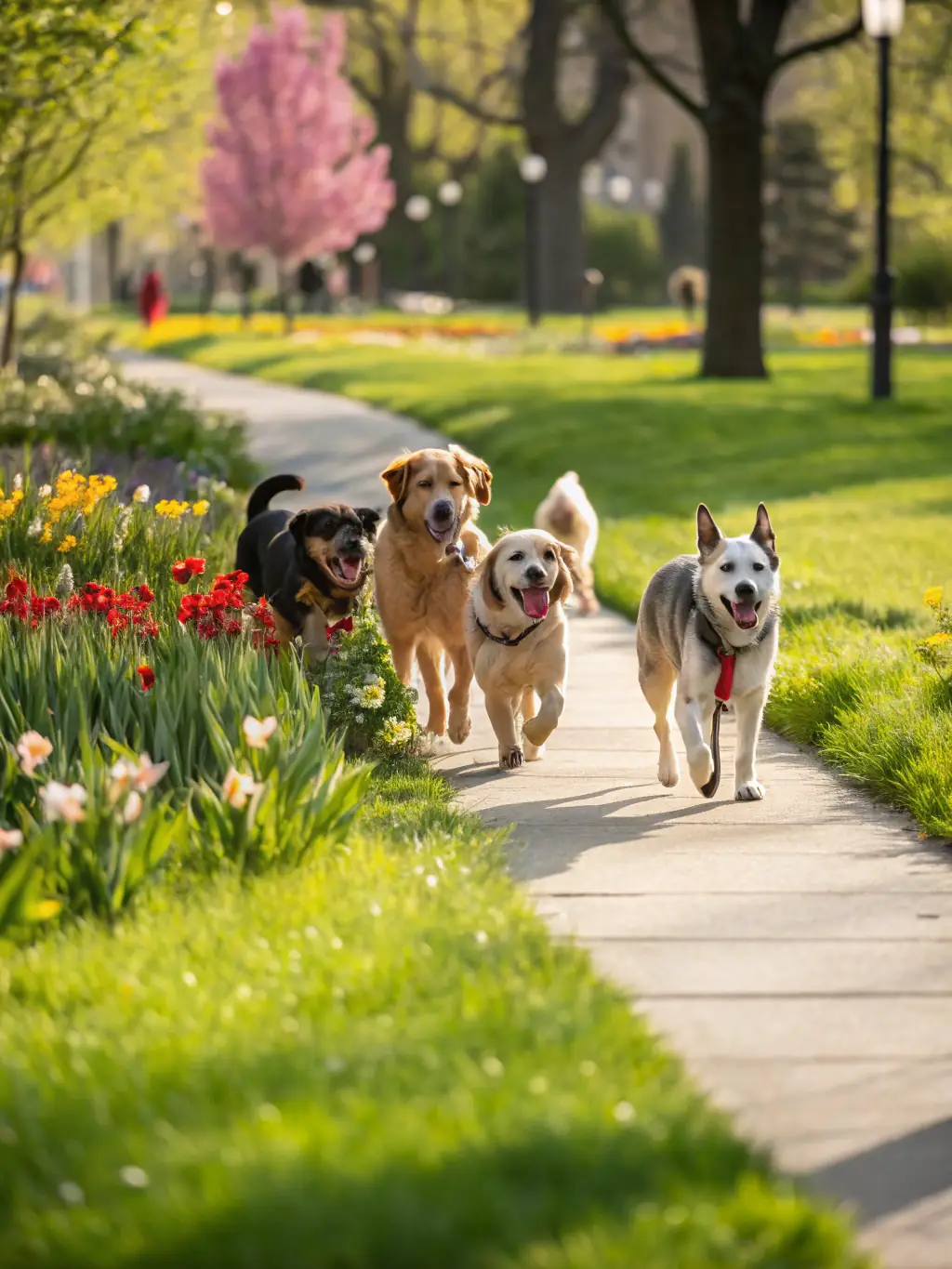 A group of dogs of various breeds playing together in a controlled environment, supervised by association members, illustrating the social integration aspect.