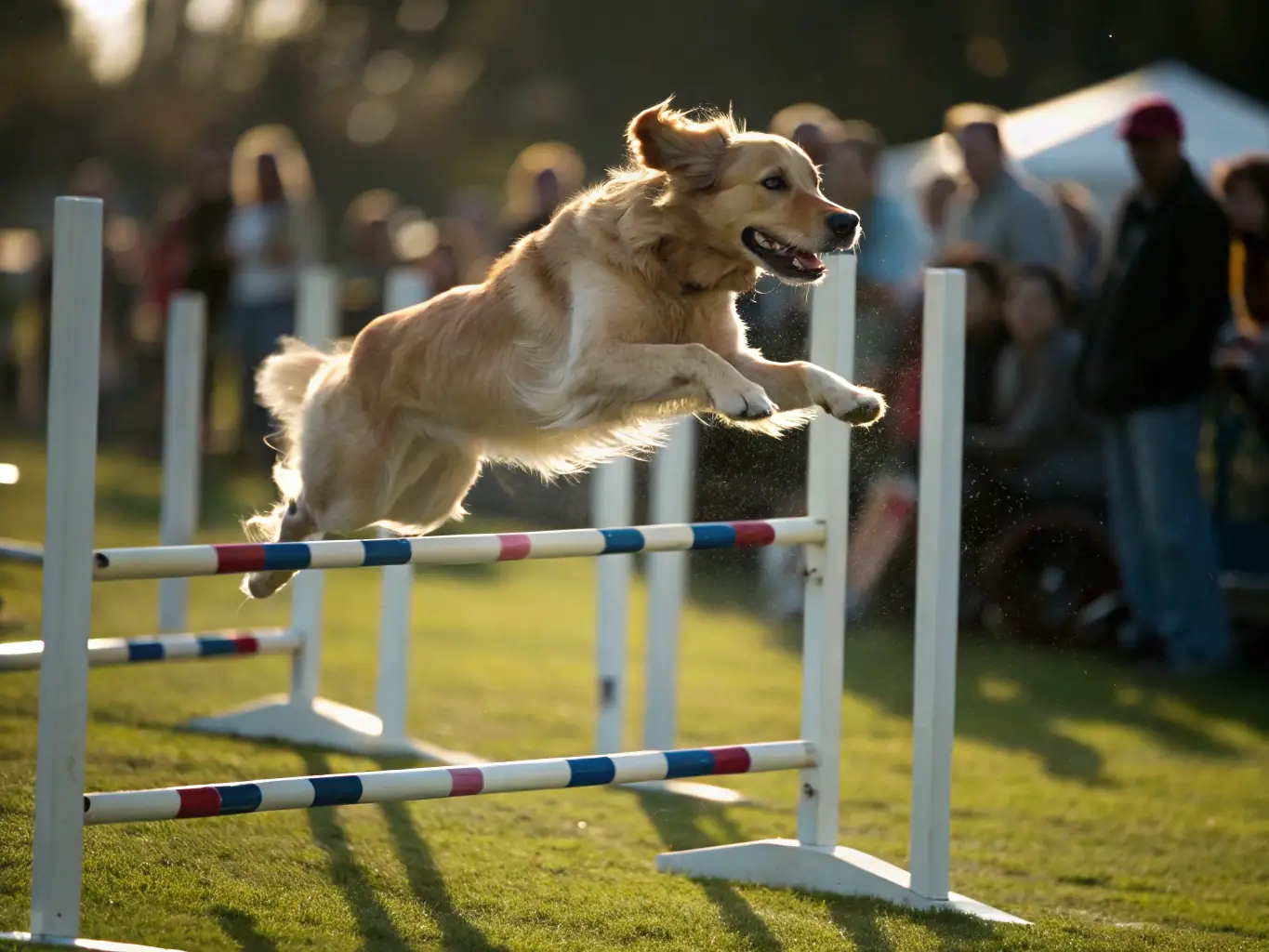 A golden retriever participating in an agility course, showcasing its speed and precision, with a blurred background of spectators and other dogs waiting their turn.