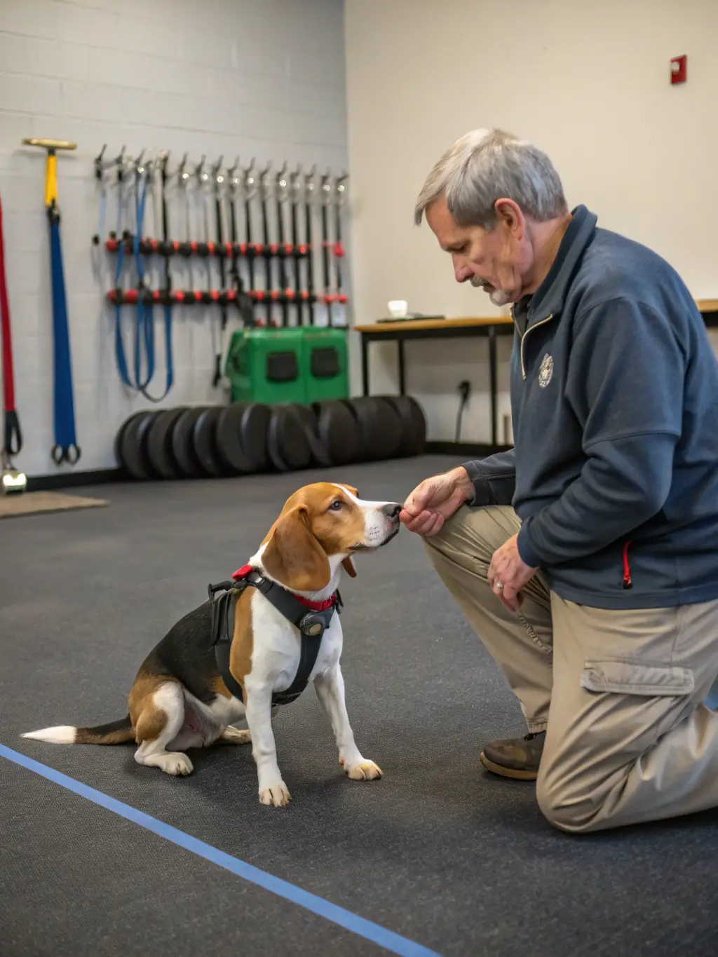 A photograph of a certified dog trainer demonstrating a training technique to a dog owner in a park setting, showcasing the expert guidance provided by LES CYNO'PATTES D'ALLOGNY.