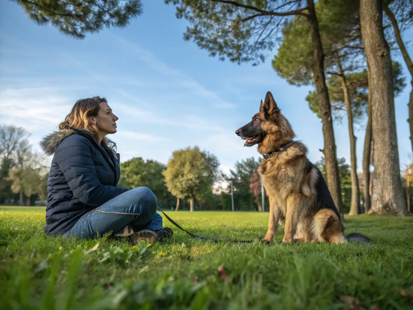 A dog and its owner working together during an obedience training session, with the dog attentively following commands and the owner providing positive reinforcement.
